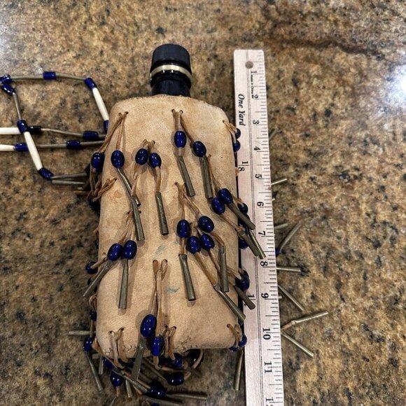 Native American Plains Canteen Bag 10" Leather Brass‎ Conicals Cobalt Blue Beads - Picture 11 of 13
